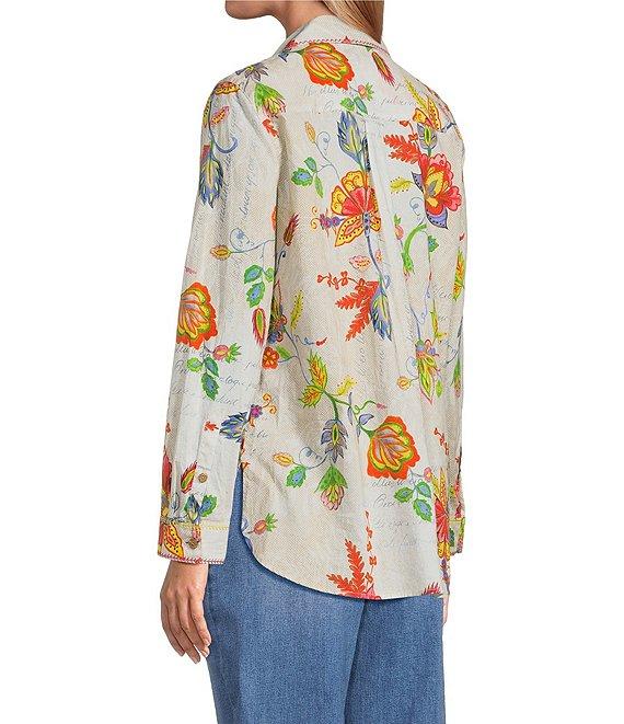 John Mark Embroidered Floral Point Collar Long Roll-Tab Sleeve Button Front Blouse Product Image