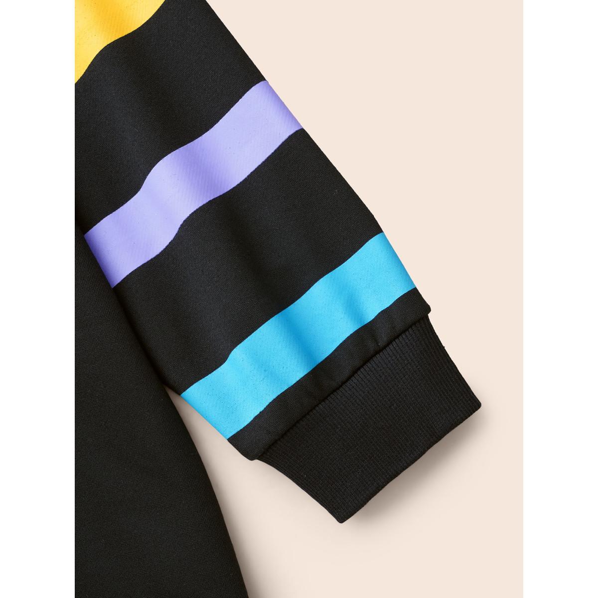 Plus Size Colored Striped Patchwork Slightly Stretchy Sweatshirt Women Black Casual Contrast Non Everyday Sweatshirts BloomChic 26/4X Product Image