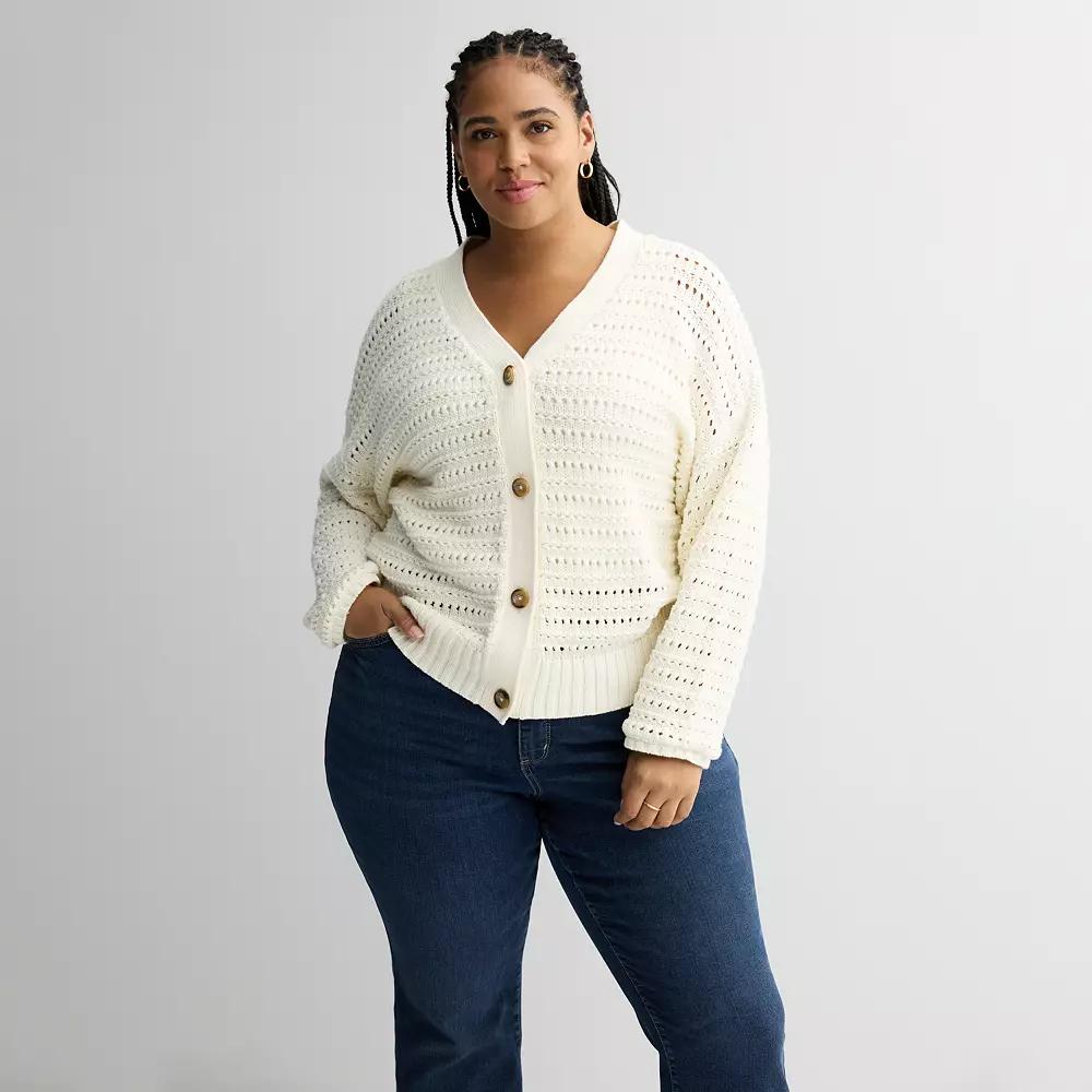 Plus Size Sonoma Goods For Life® Open Stitch Knit Cardigan, Women's, Size: 2XL, Ivory Silk Product Image