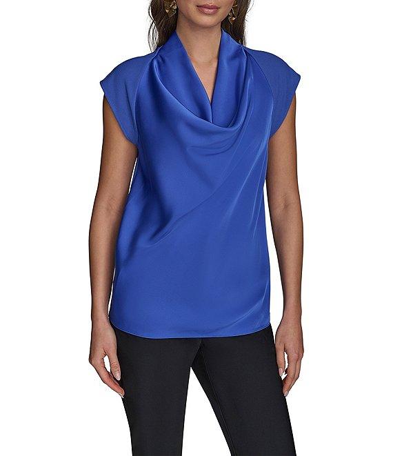 Donna Karan Mixed Media Cowl Neck Cap Sleeve Top Product Image