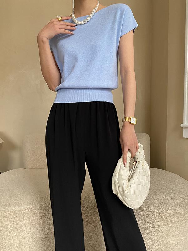 Stylish Loose Solid Color Boat Neck Knitwear Pullovers Tops Product Image