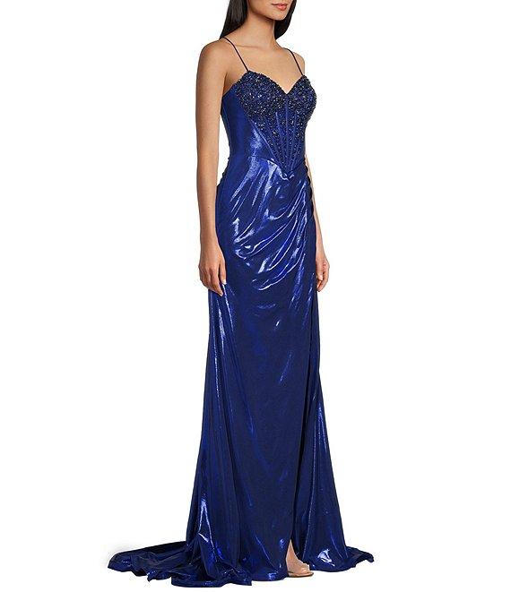 Jovani Metallic Sweetheart Neck Fitted Corset Beaded Bodice Side Slit Dress Product Image