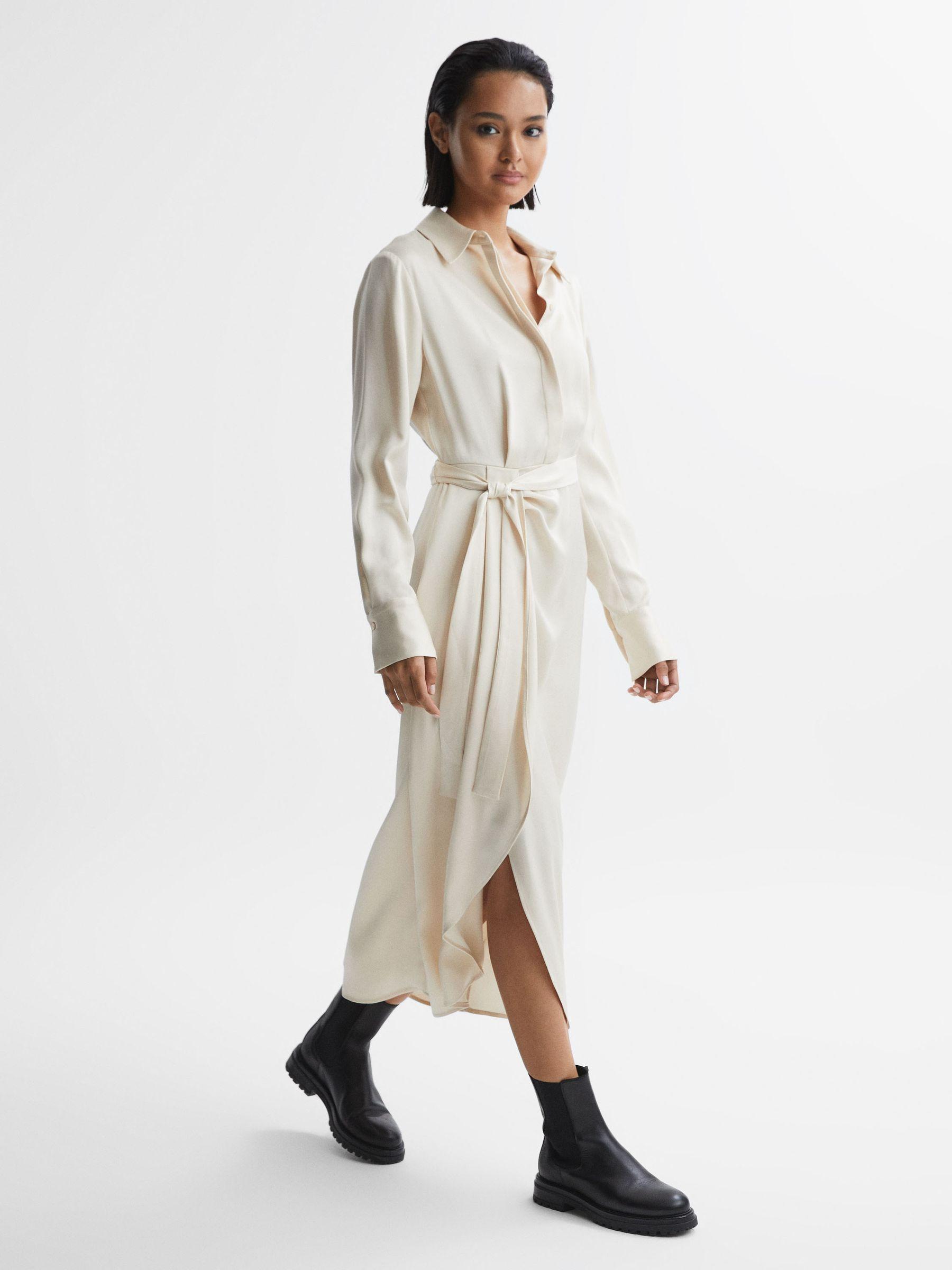 Satin Shirt-Style Midi Dress in Cream Product Image