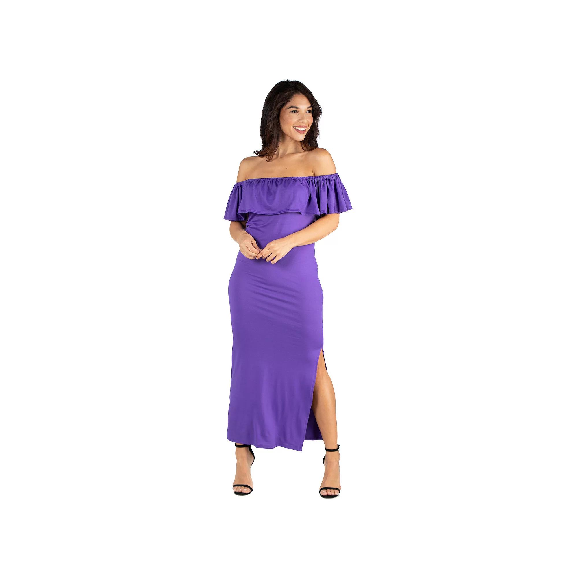 Women's 24seven Comfort Apparel Off-The-Shoulder Ruffled Side Slit Maxi Dress, Size: Medium, Purple Product Image