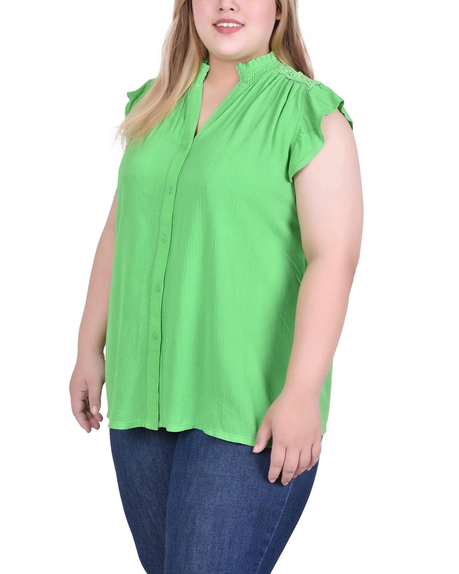 Green Short Flutter Sleeve Crepon Blouse - Plus Size Product Image