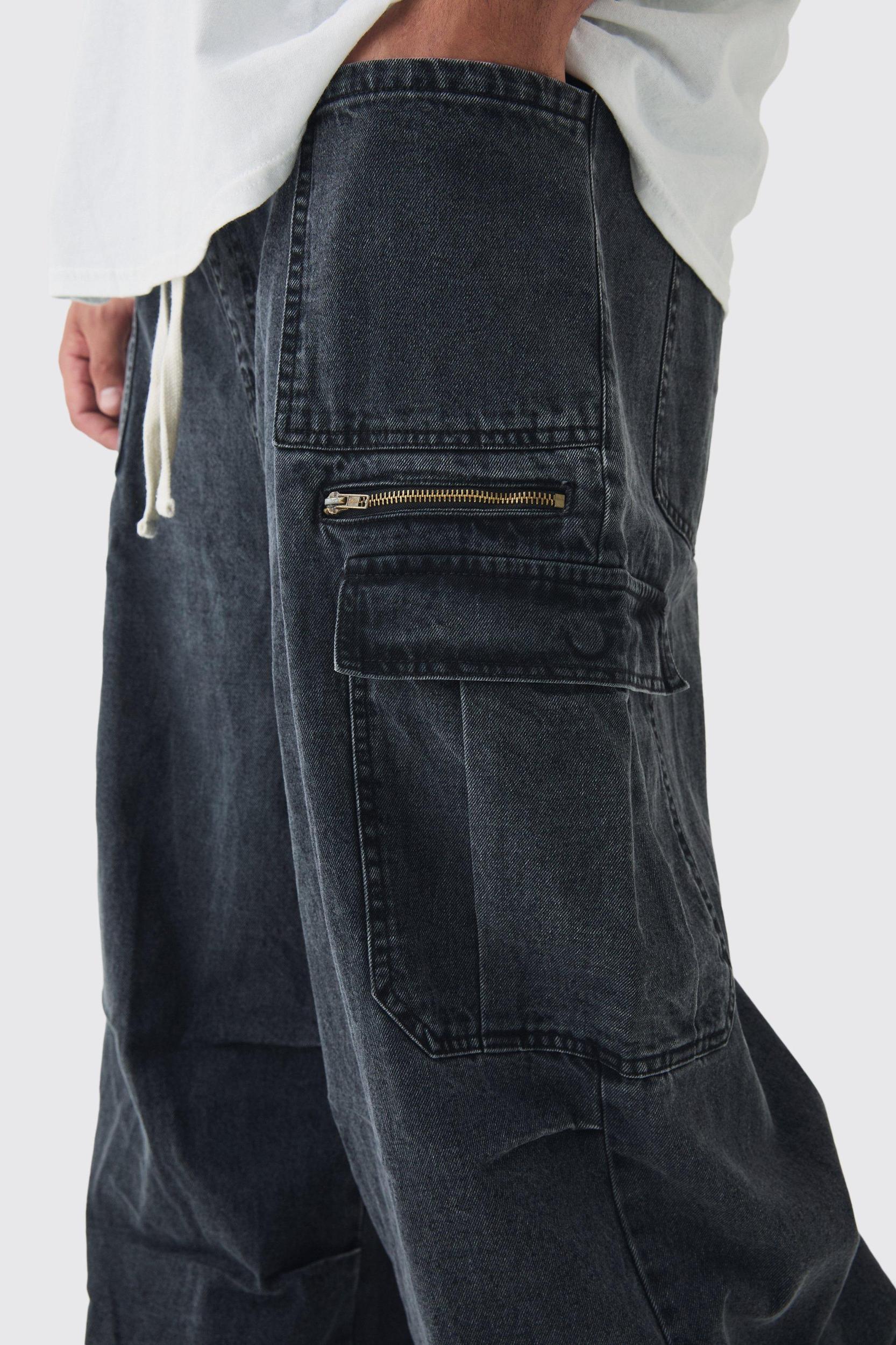 Plus Elasticated Waist Acid Wash Parachute Cargo Jeans | boohooMAN USA Product Image