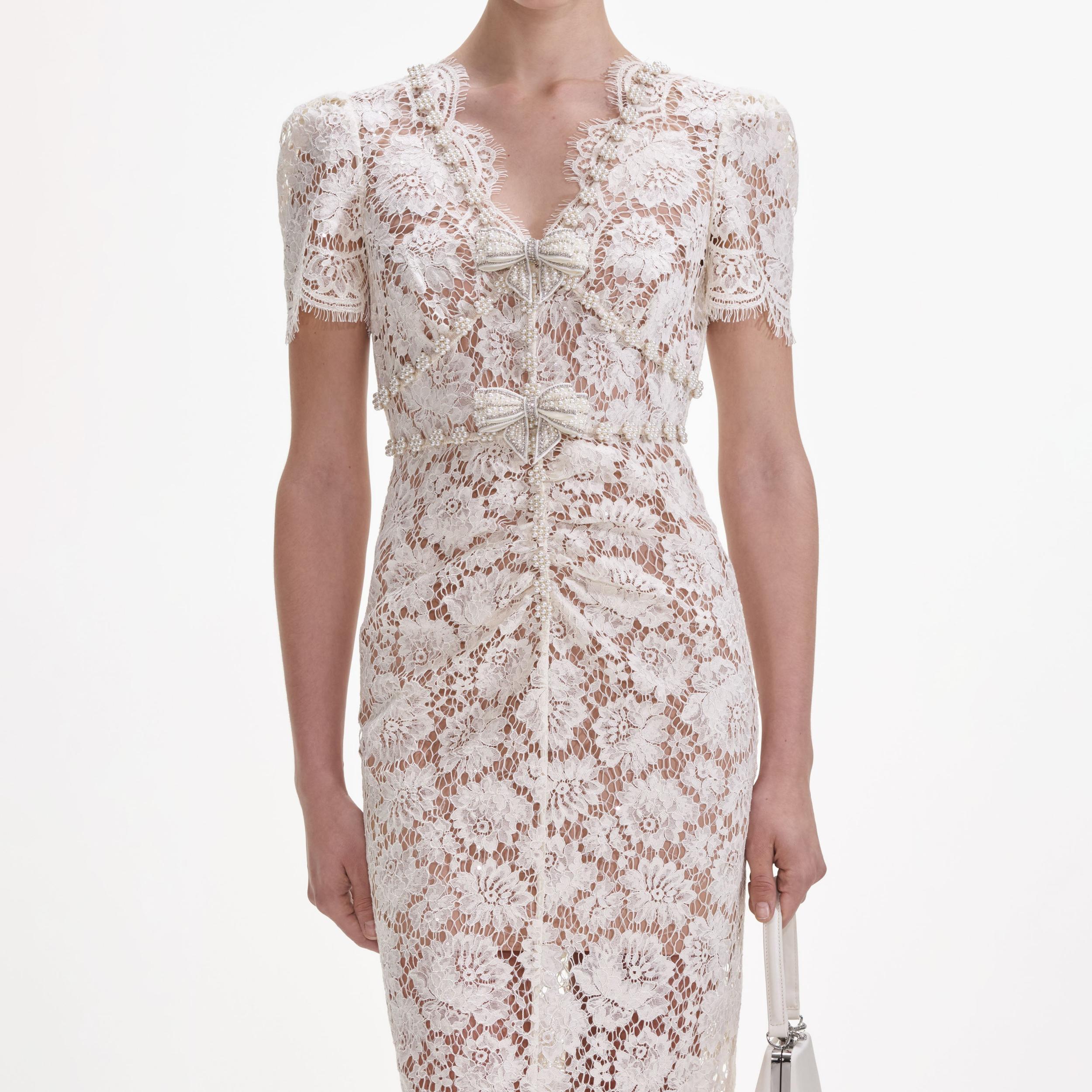 Cream Fine Lace Pearl Midi Dress Product Image