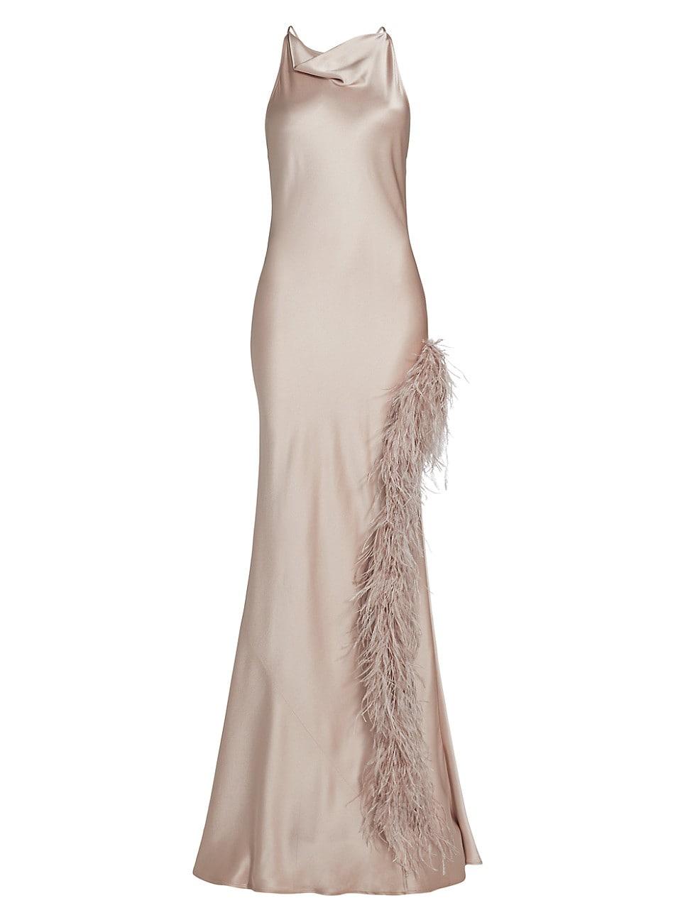 Womens Satin Feather-Trim Cowlneck Gown Product Image