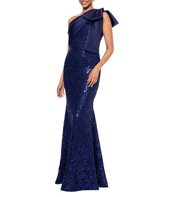 Betsy & Adam Sequin Lace One Shoulder Neck Sleeveless Bow Detail Sheath Gown Product Image