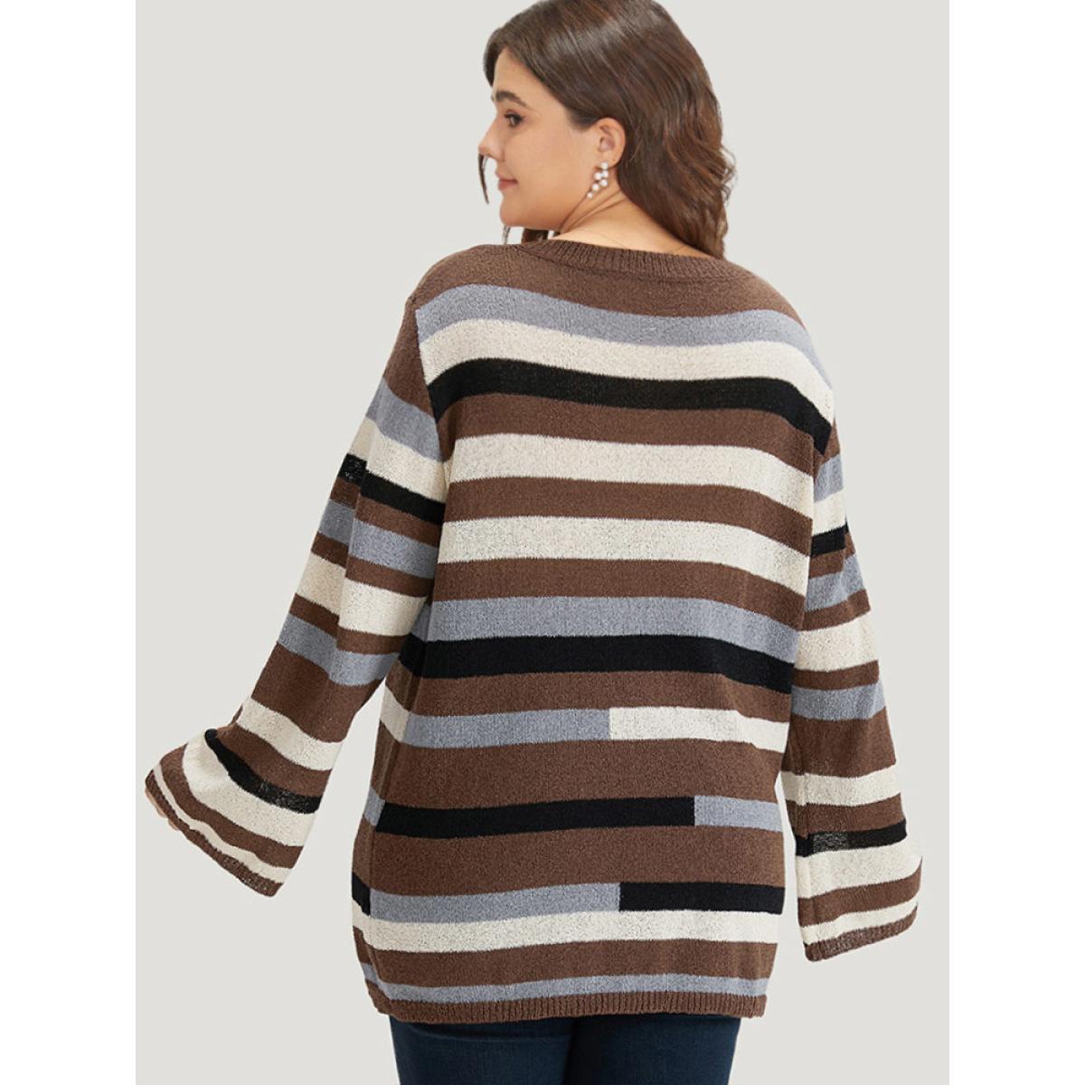 Plus Size Striped Colorblock Contrast V Neck Pullover Multicolor Women Casual Long Sleeve V-neck Dailywear Pullovers BloomChic 14-16/1X Product Image