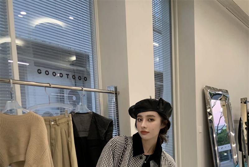 Gingham Contrast Collar Button-Up Shirt Jacket / High Waist Pleated Mini A-Line Skirt Product Image