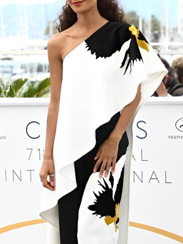 Loose Sleeveless Asymmetric Flower Print One-Shoulder Blouses&Shirts Tops Product Image