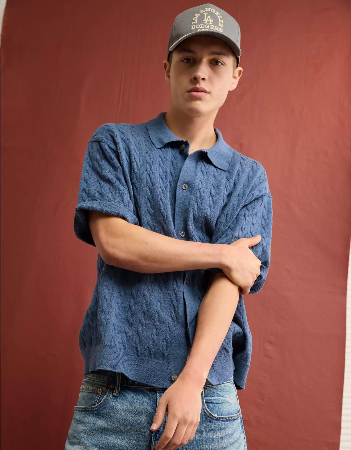 AE Weekend Cable Knit Button-Up Sweater Polo Shirt Product Image