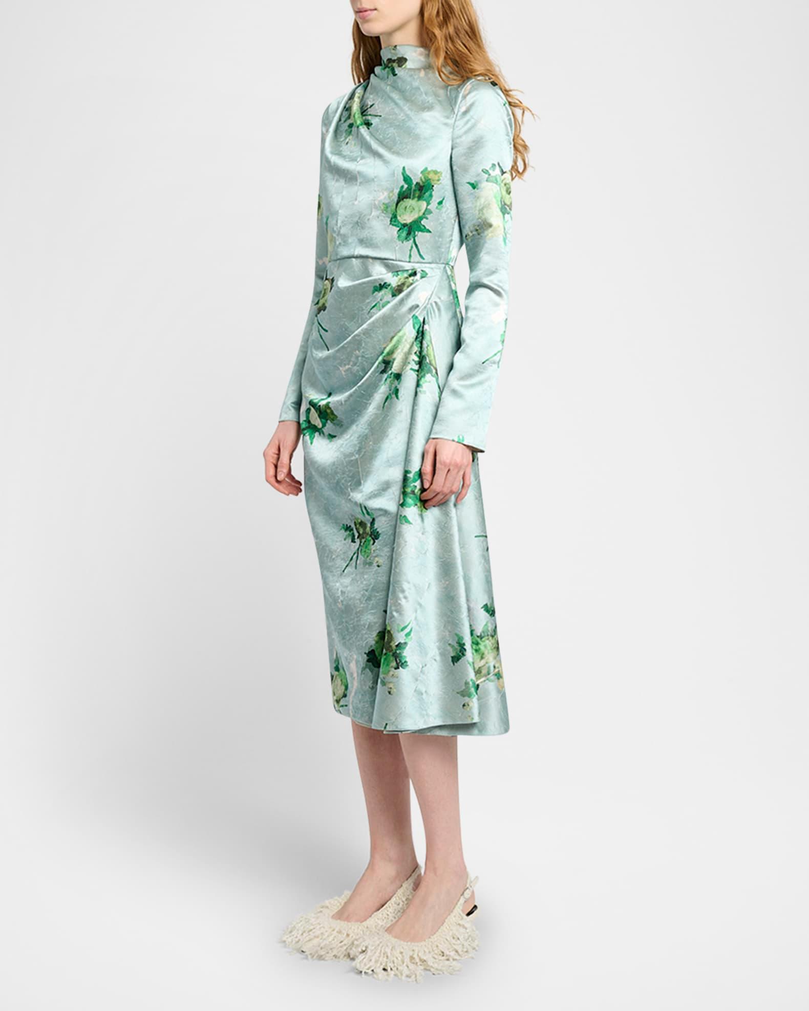Draped Crinkle Silk Long-Sleeve Dress Product Image