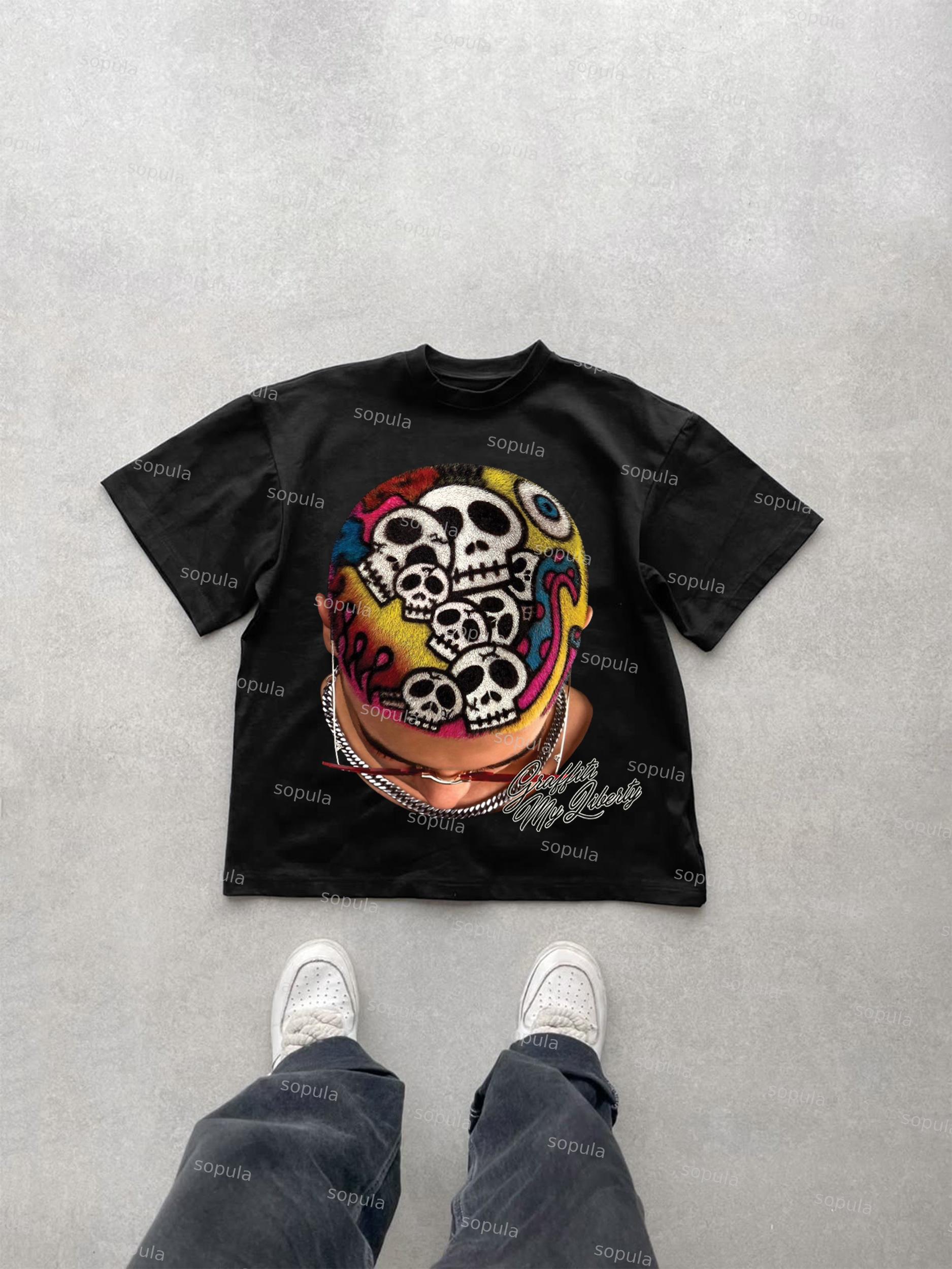 Men's Creative Hairstyles Big Head Graphic Cotton T-shirt Product Image