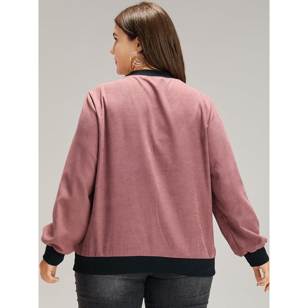 Plus Size Patchwork Contrast Pocket Zipper Button Detail Jacket Women DustyPink Elastic cuffs Pocket Dailywear Jackets BloomChic 26/4X Product Image
