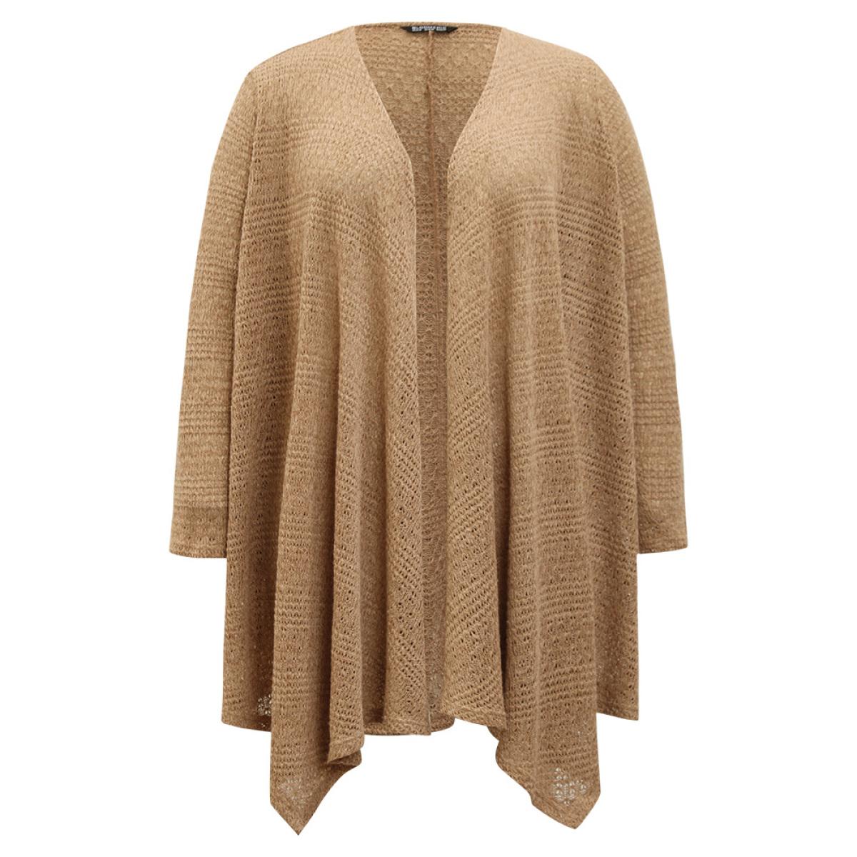 Plus Size Plain Texture Asymmetrical Hem Drape Kimono Women Tan Casual Drape Everyday Kimonos BloomChic 10/M Product Image