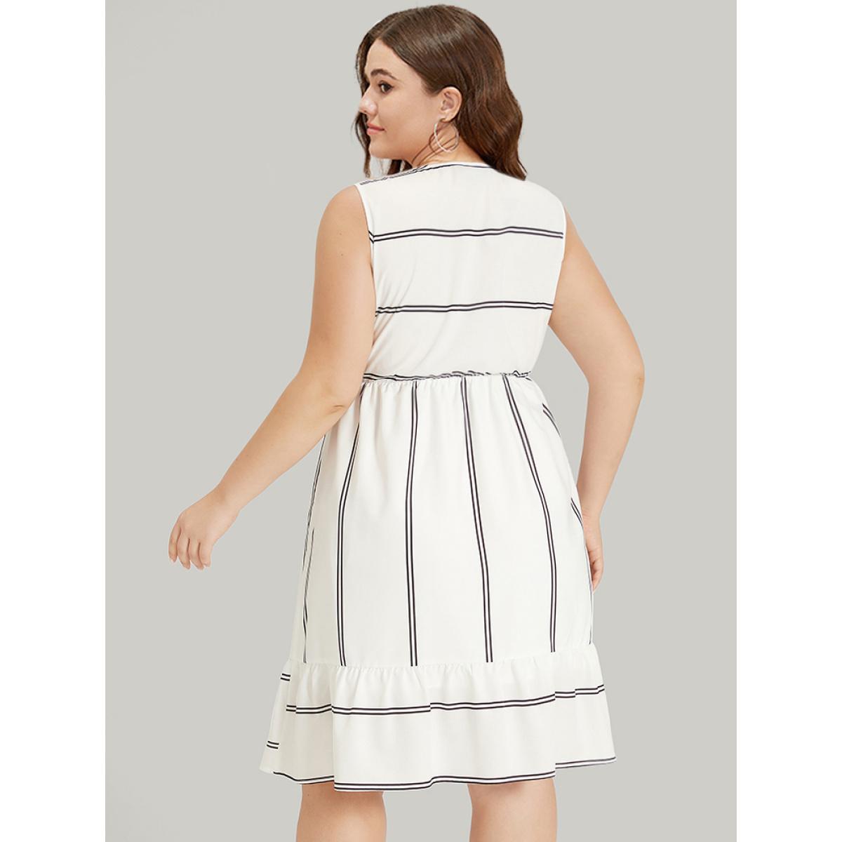 Plus Size Striped Pocket Button Detail Ruffle Elastic Waist Dress White Women Elegant Texture V-neck Sleeveless Curvy Knee Dress BloomChic 12/L Product Image