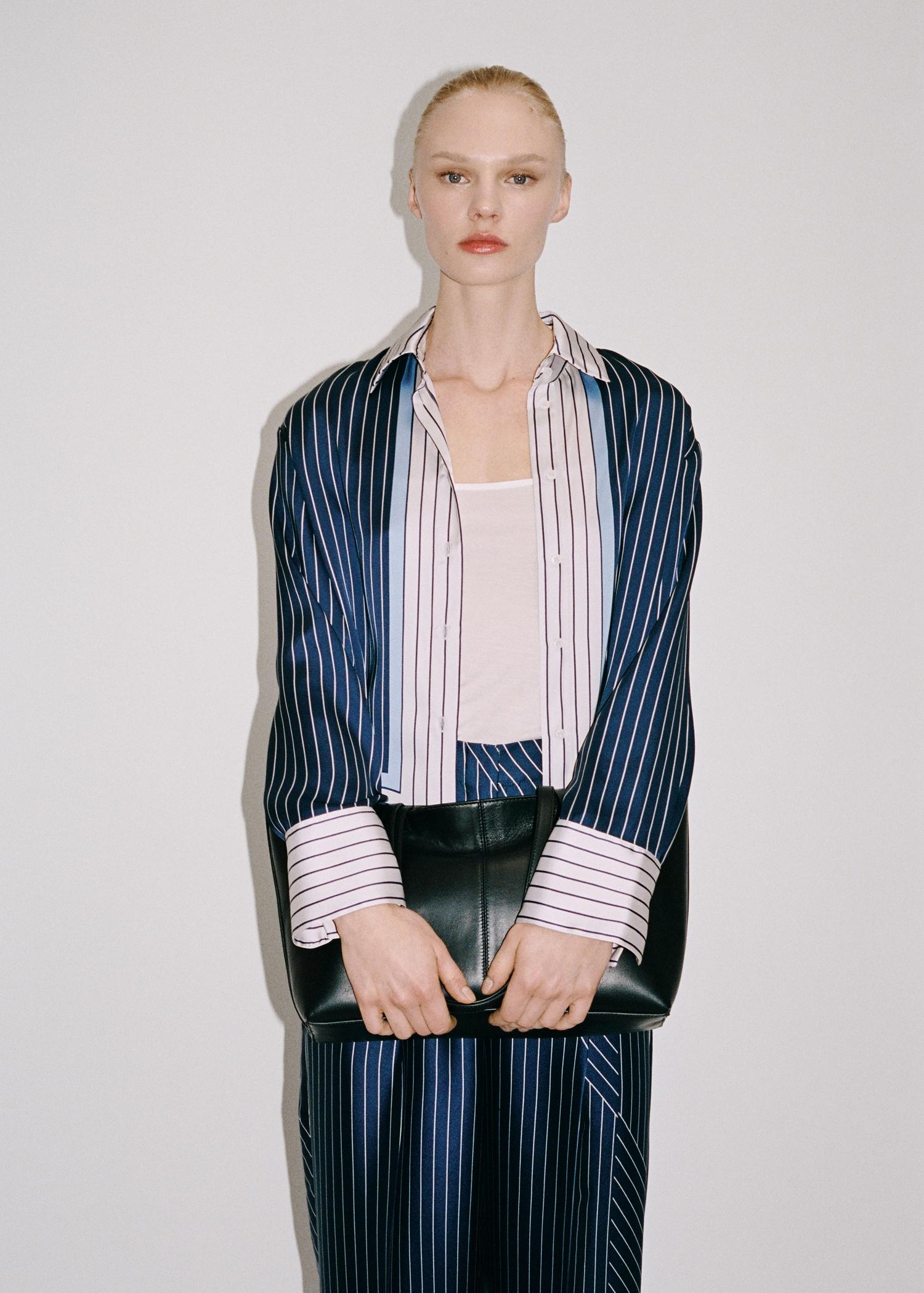 Satin shirt with combined stripes - Women | MANGO USA Product Image
