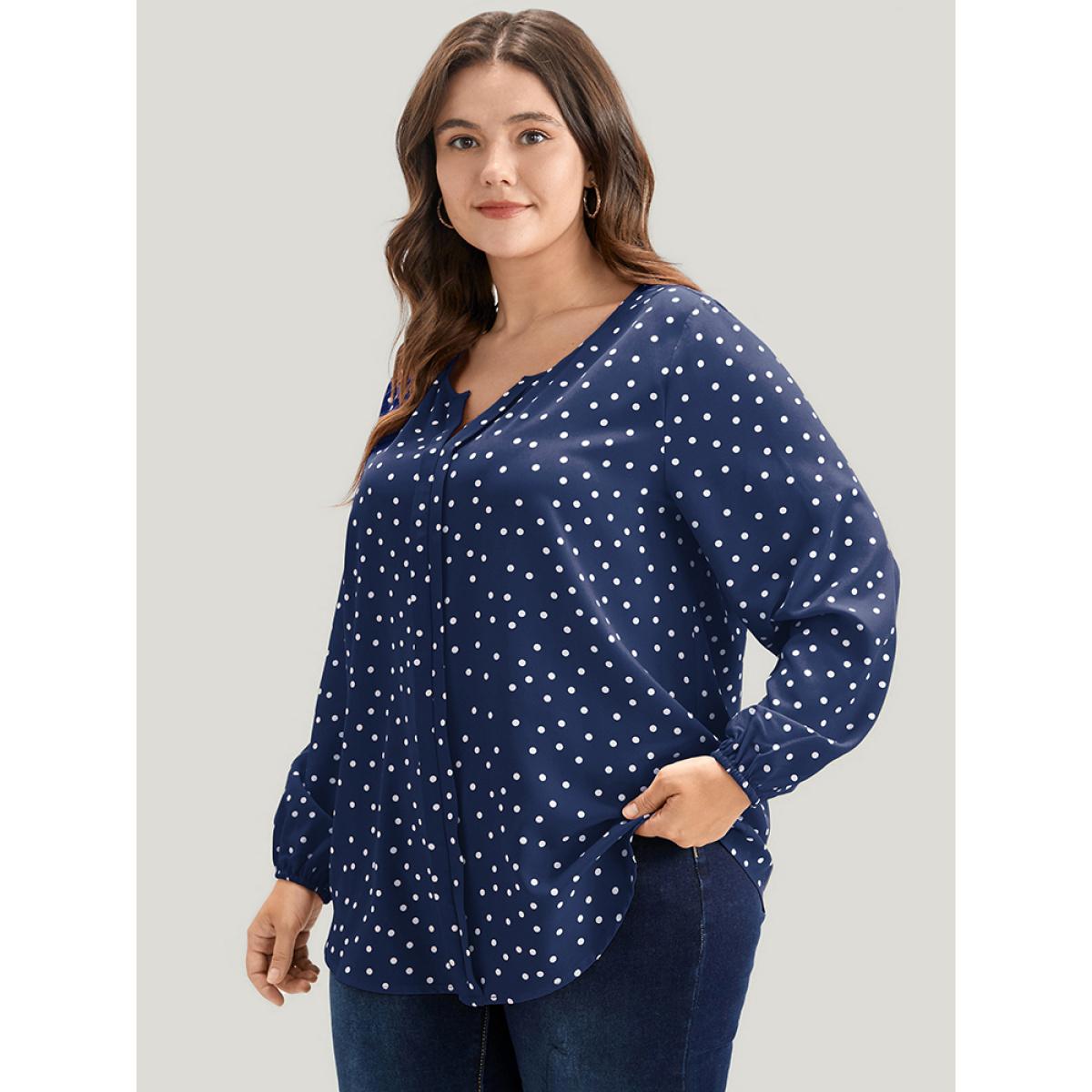 Plus Size Blue Polka Dot Lantern Sleeve Notched Blouse Women Elegant Long Sleeve V-neck Dailywear Blouses BloomChic 14-16/1X Product Image