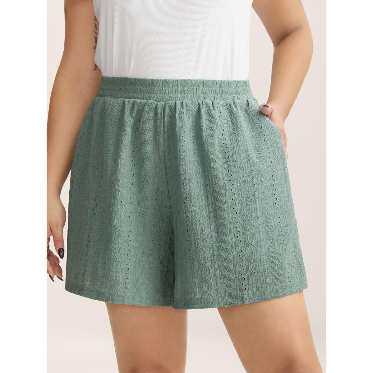Plus Size Eyelet Trim Textured Breezy Shorts Women Greenbean Casual Texture Straight Leg Casual Shorts BloomChic 22-24/3X Product Image