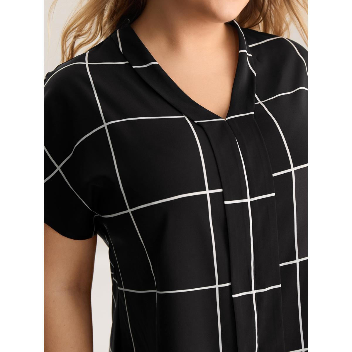 Plus Size Black Plaid Pattern Woven Placket Blouse Women Short sleeve V-neck Work Blouses BloomChic 28/5X Product Image