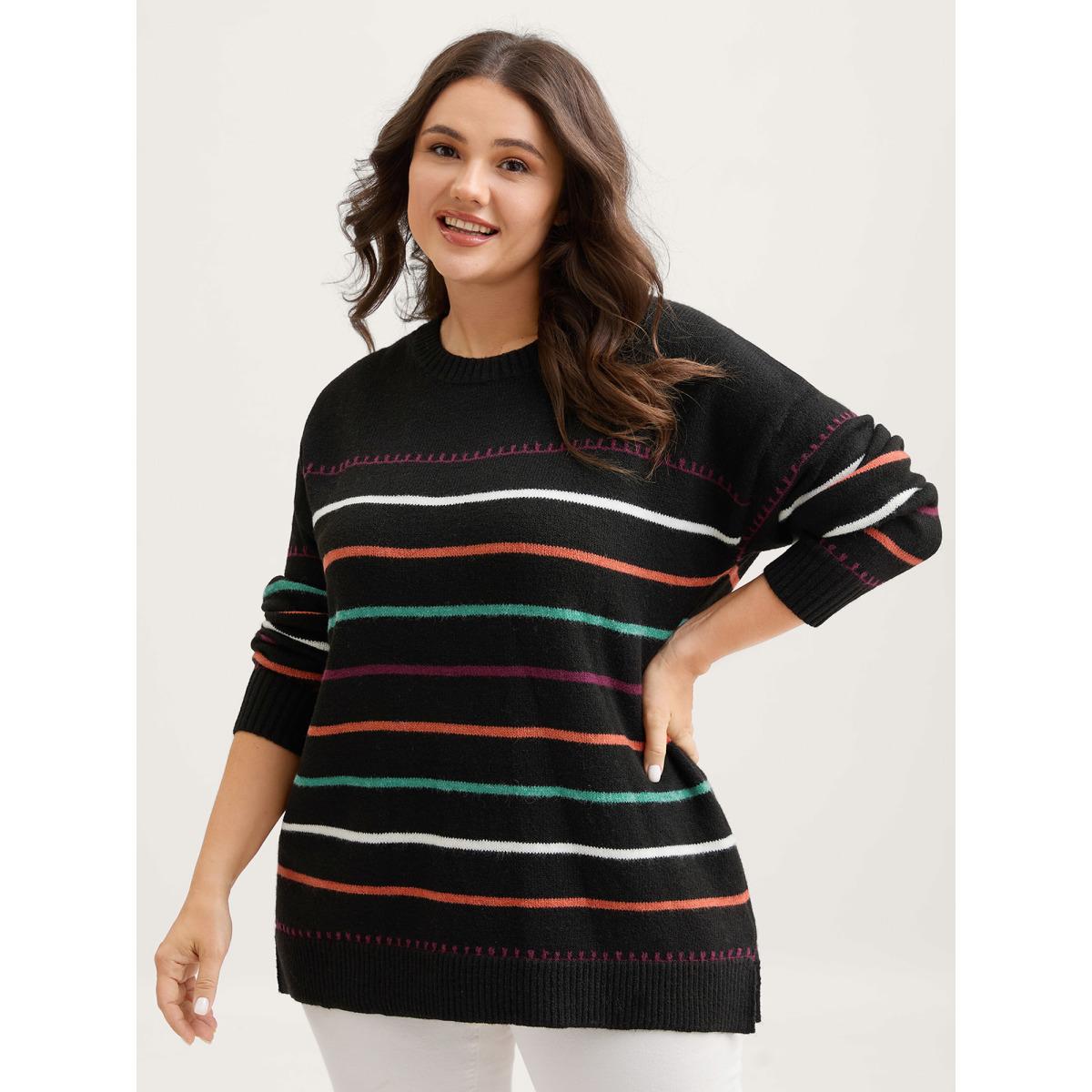 Plus Size Colorful Stripes Crewneck Fitted Pullover Black Women Playful Loose Long Sleeve Round Neck Casual Pullovers BloomChic 10/M Product Image