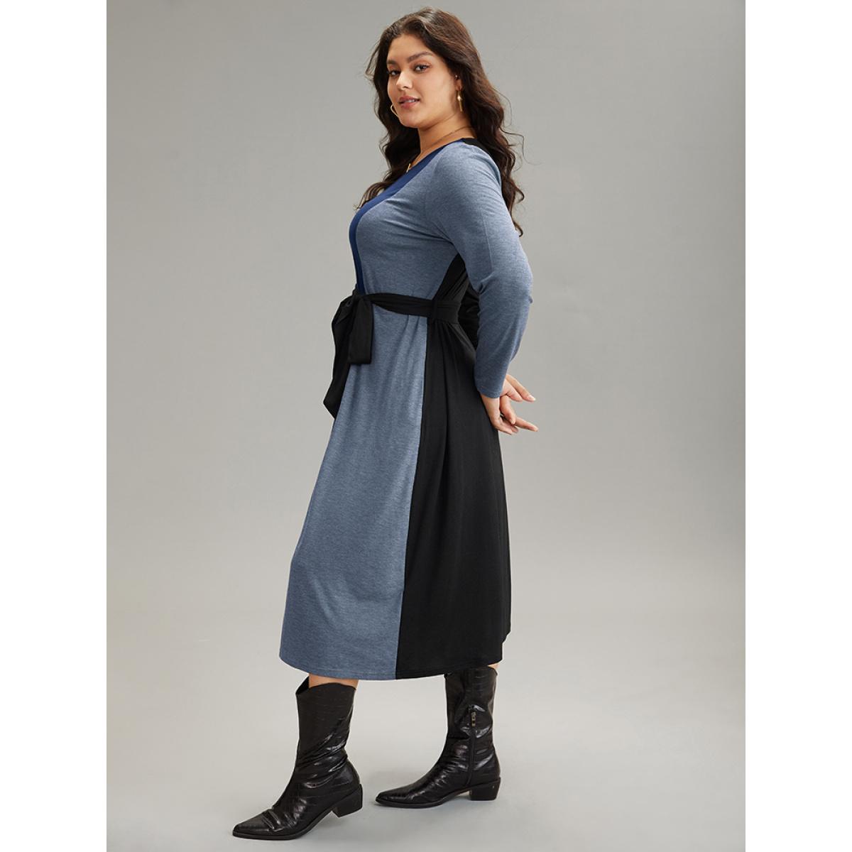 Plus Size Colorblock Patchwork Belted Pocket Long Sleeve Dress DarkBlue Women Casual Belted V-neck Long Sleeve Curvy Midi Dress BloomChic 30/6X Product Image