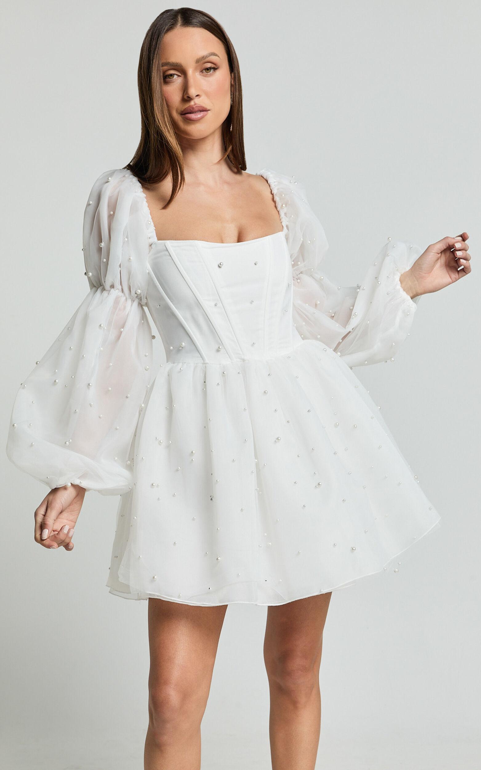 Ingrid Mini Dress - Long Puff Sleeve Pearl Detail Dress in White Product Image