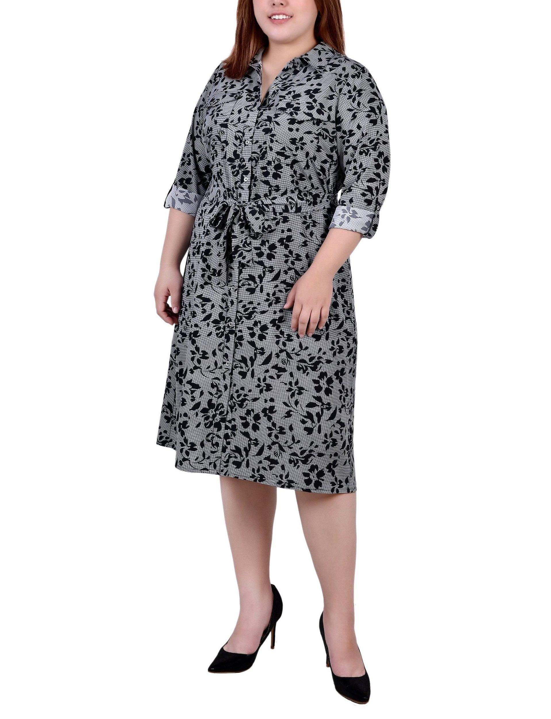 Black Houndstooth Floral 3/4 Roll Tab Sleeve Belted Shirtdress - Plus Product Image