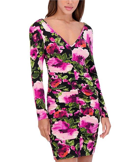 SIENA Jersey Knit Floral Print V-Neck Long Sleeve Front Ruched Sheath Dress Product Image