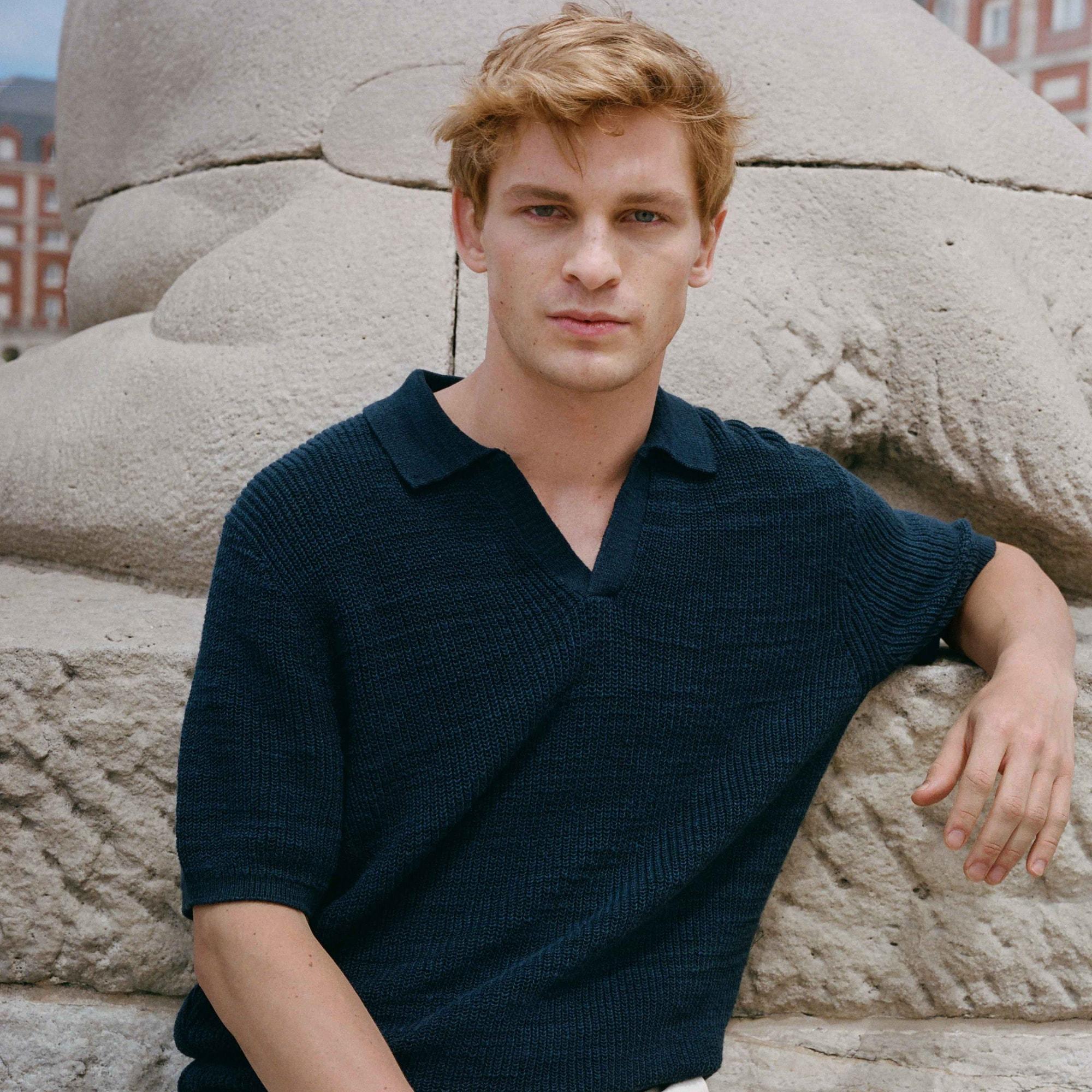 Short-sleeve linen-cotton blend johnny-collar sweater-polo Product Image