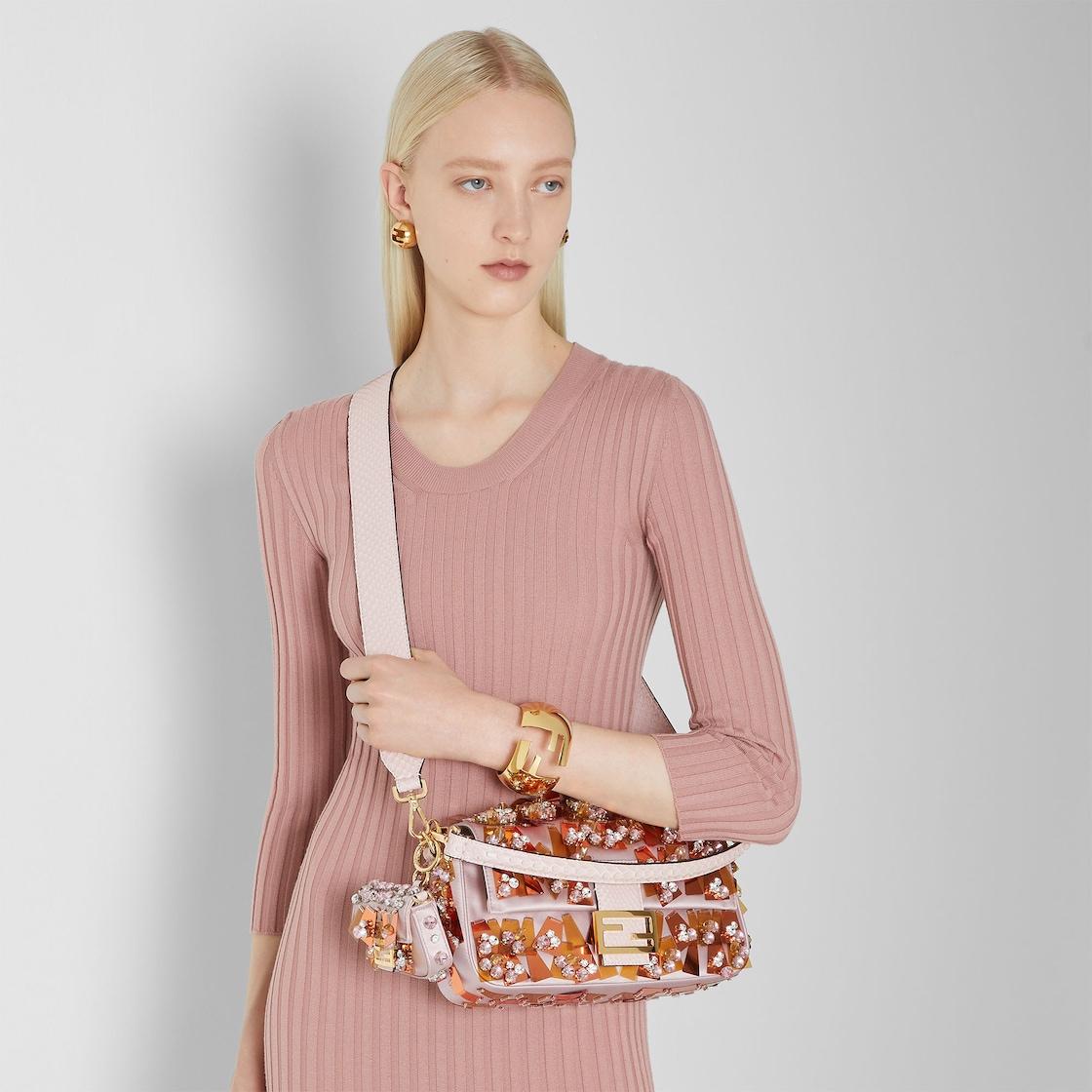 BaguettePink satin bag with appliqués Product Image