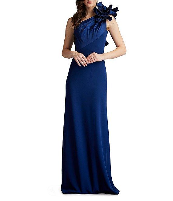 Tadashi Shoji Crepe One Shoulder Sleeveless Taffeta Flower Applique Gown Product Image