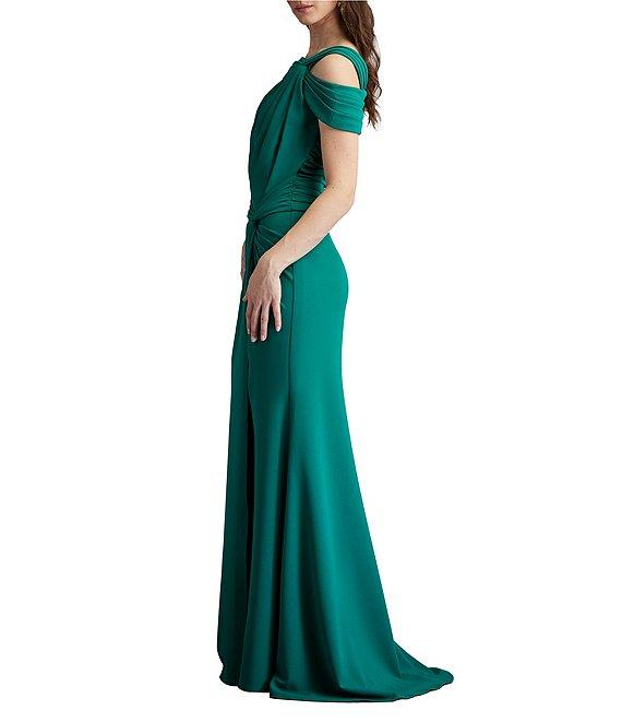 Tadashi Shoji Crepe Asymmetrical Neck Cold Shoulder Cap Sleeve Pleated Gown Product Image