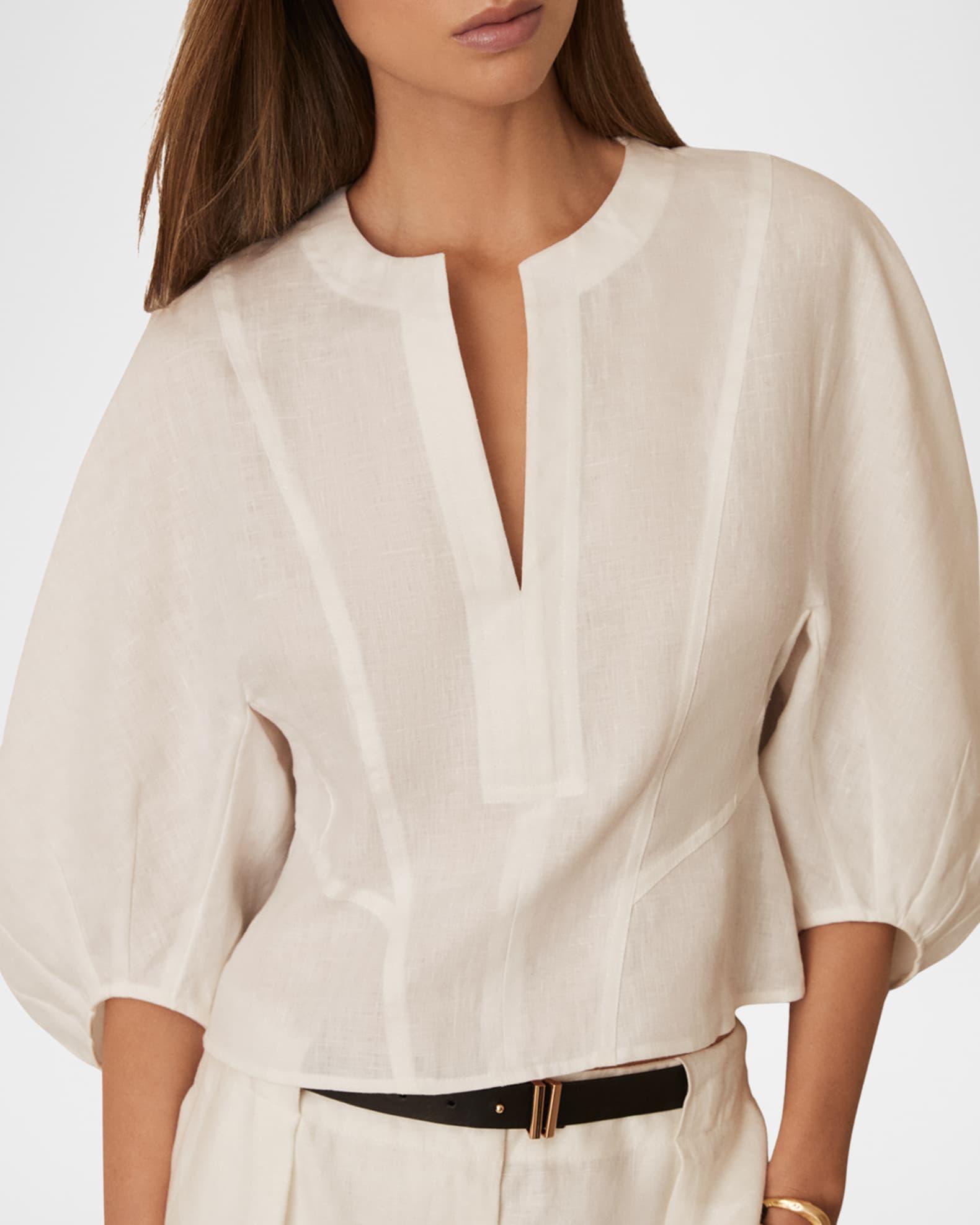 Remi Cropped Blouson-Sleeve Linen Blouse Product Image