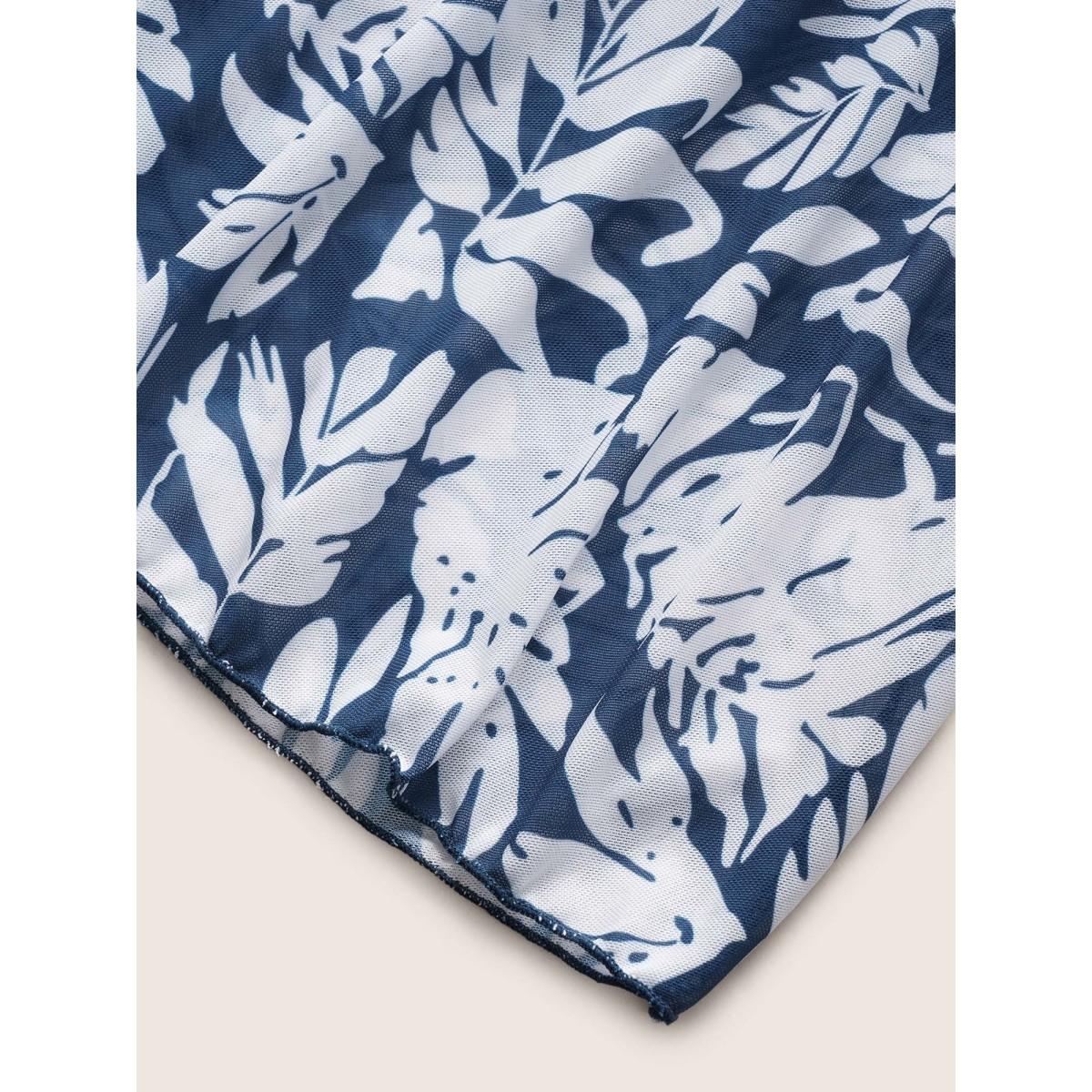 Plus Size Tropical Print V Neck Sleeveless Swim Dress Women's Swimwear Indigo Beach Bodycon V-neck High stretch Curve Swim Dresses BloomChic 10/M Product Image