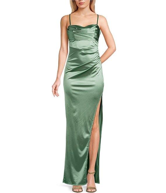 Honey and Rosie Emma Bodice Side Slit Satin Long Dress Product Image