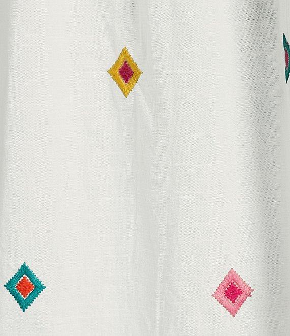 Calessa Petite Size Embroidered Square Neck Short Puff Sleeve Tassel Hem Detail Tunic Product Image