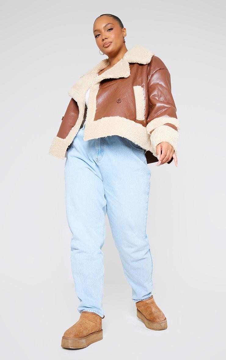 Plus Brown Battered Faux Leather Faux Fur Trim Coat Product Image