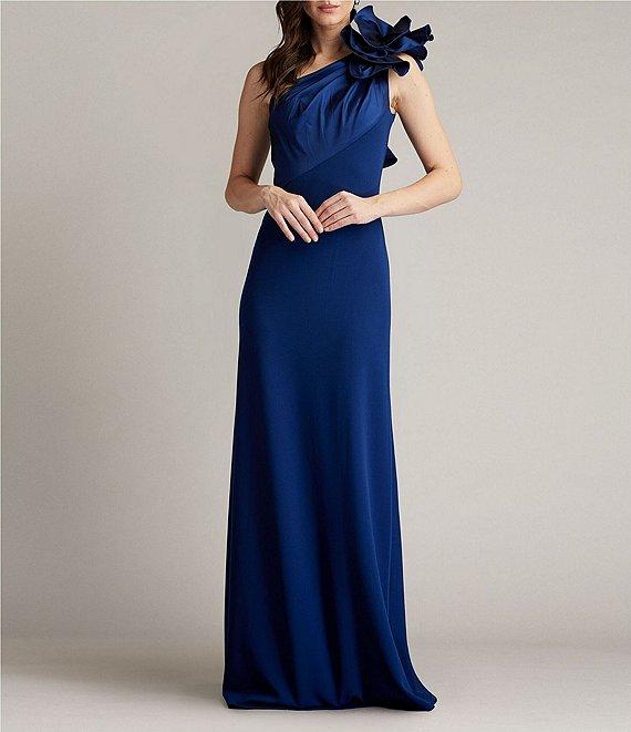 Tadashi Shoji Crepe One Shoulder Sleeveless Taffeta Flower Applique Gown Product Image