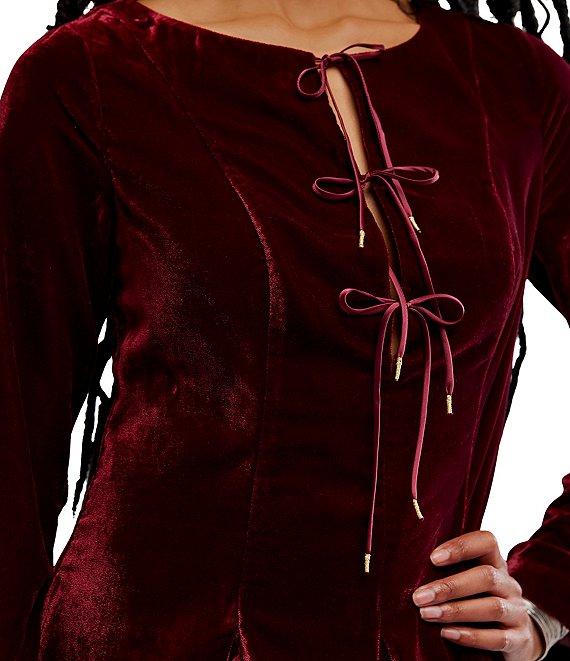 Free People Linney V-Neck Tie Front Long Sleeve Velvet Mini Dress Product Image