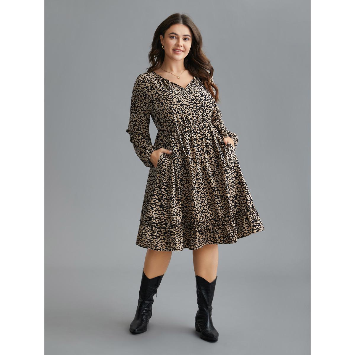 Plus Size Leopard Print Tiered Hem Pockets Midi Dress BlackFlower Women Elegant Tie knot V-neck Long Sleeve Curvy BloomChic 28/5X Product Image