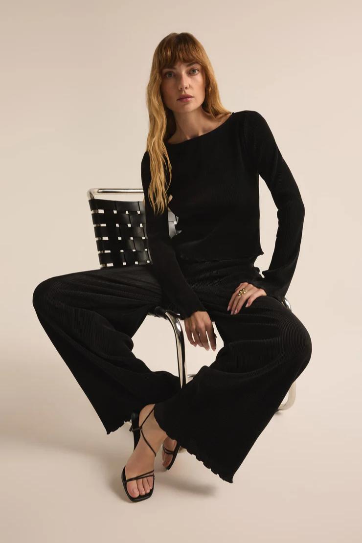 Veronica Pleated Boat Neck Top - Black Product Image