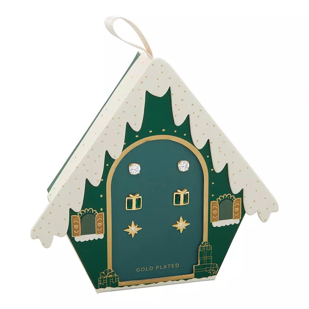 Brilliance 18k Gold Plated Cubic Zirconia & Crystal Present & Starburst Stud Earrings Trio, Women's, Gold Tone Green Product Image