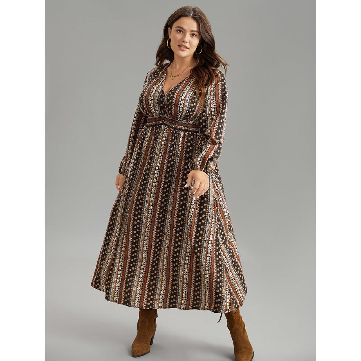 Plus Size Bandana Print Wrap Shirred Dress Multicolor Women Boho Elastic cuffs V-neck Long Sleeve Curvy Midi Dress BloomChic 30/6X Product Image
