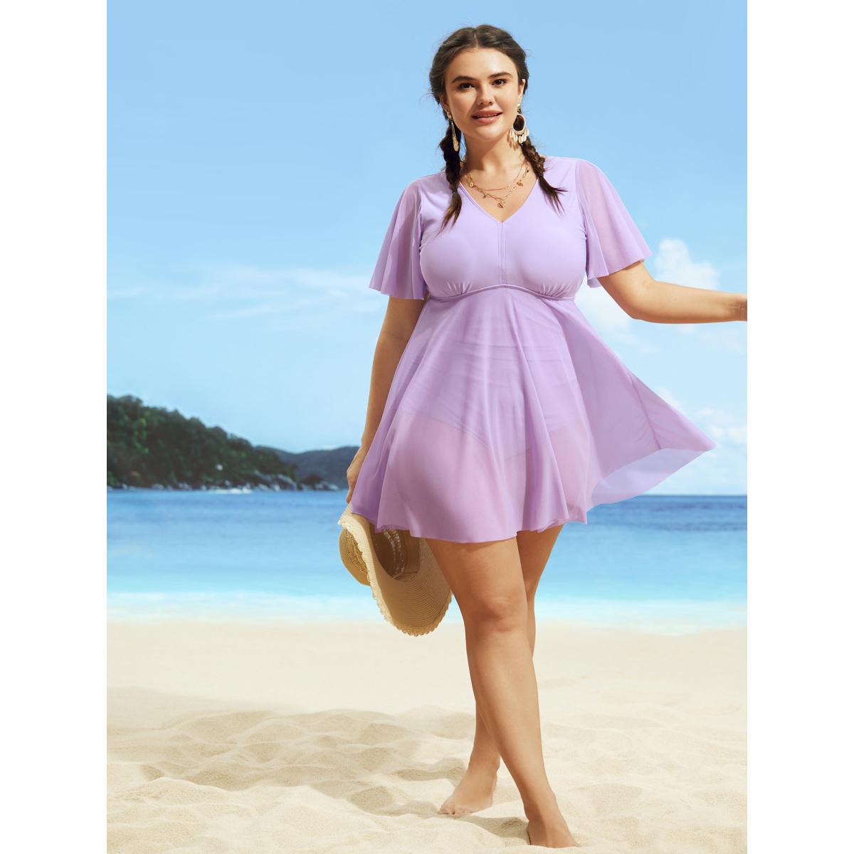 Plus Size Solid Patchwork See Through Ruffle Sleeve Swim Dress Women's Swimwear Lilac Beach Bodycon V-neck High stretch Curve Swim Dresses BloomChic 14-16/1X Product Image