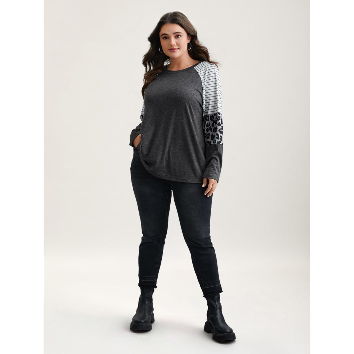 Plus Size Mixed Leopard Print Raglan Sleeve T-Shirt DimGray Women Leisure Contrast Round Neck Casual T-shirts BloomChic 22-24/3X Product Image