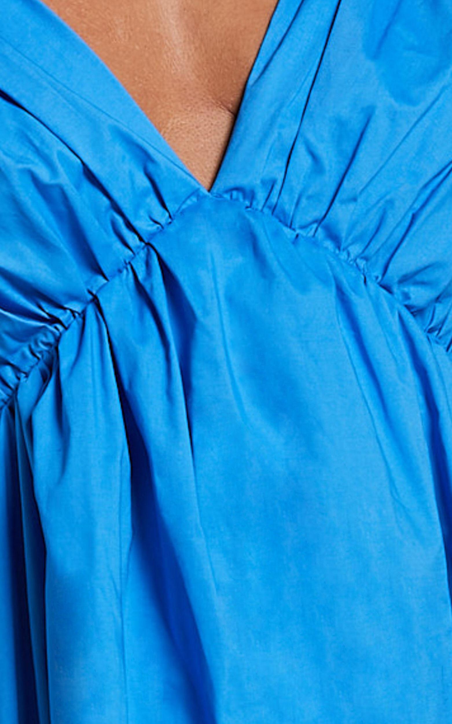 Raiza Mini Dress - Ruffle Sleeve Tie Back Plunge Dress in Blue Product Image