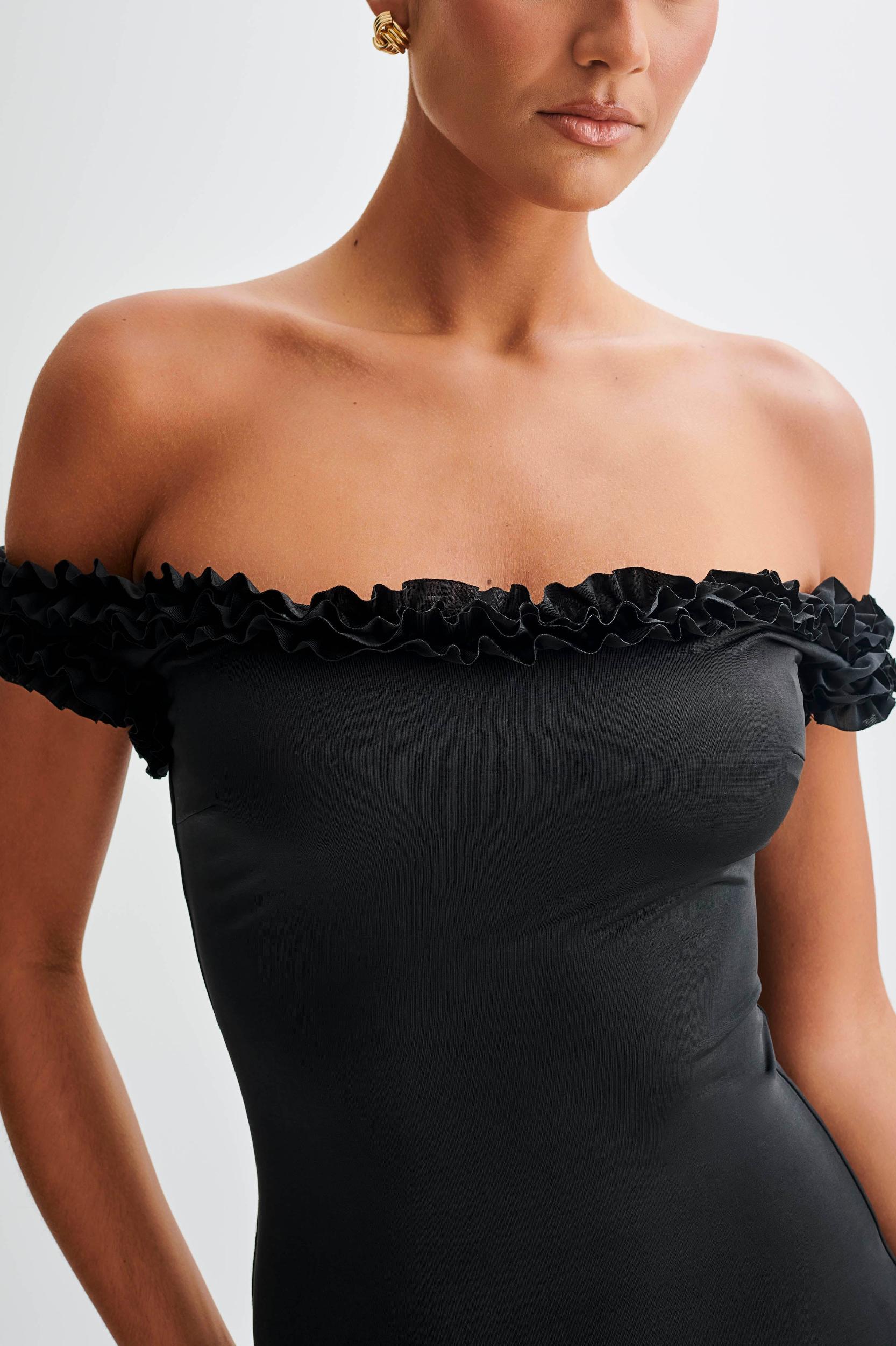 Arielle Off Shoulder Ruffle Midi Dress - Black Product Image